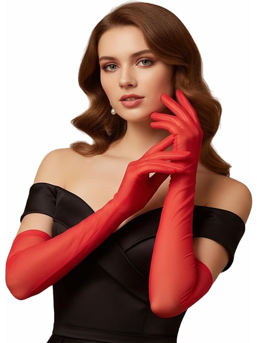 Women Red Mesh Elbow Length Tulle Sleeves Long Stretchy Wedding Bridal Gloves
